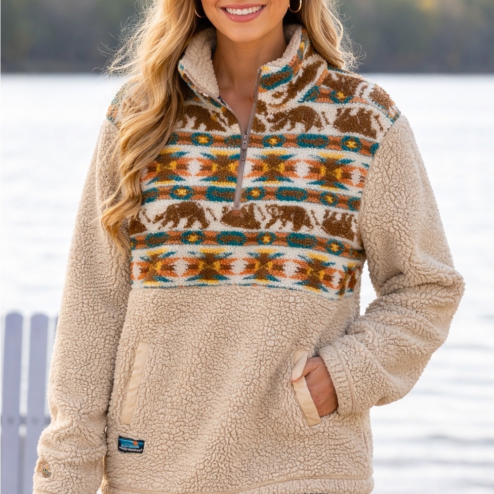 Simply Southern Size Large Beige Sherpa Pullover with Teal & Brown Aztec Yoke